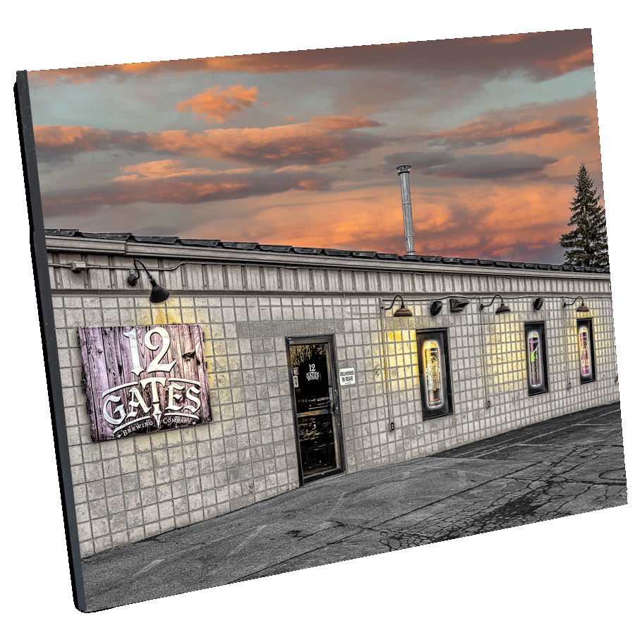 12 Gates Brewing Photo - Jman Picture | Beer Memory captures the rustic exterior of the brewery at sunset, perfect for Buffalo-WNY wall art decor.