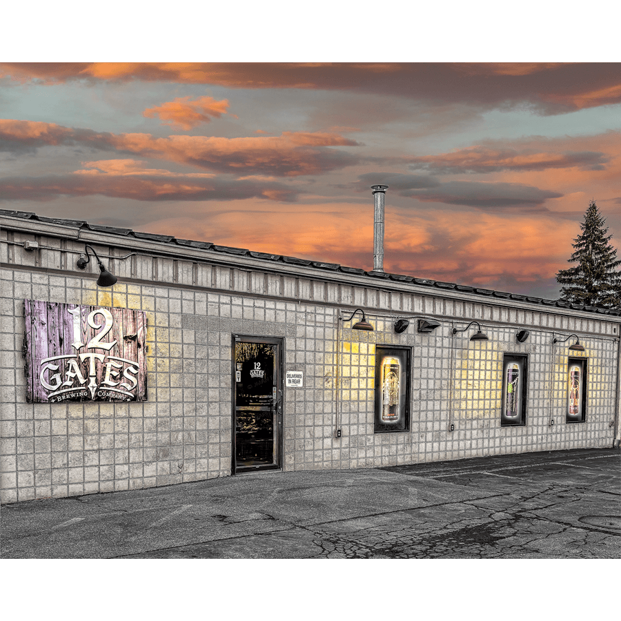 12 Gates Brewing Photo - Jman Picture | Beer Memory captures the rustic exterior of 12 Gates Brewing at sunset, ideal for Buffalo-WNY wall decor.