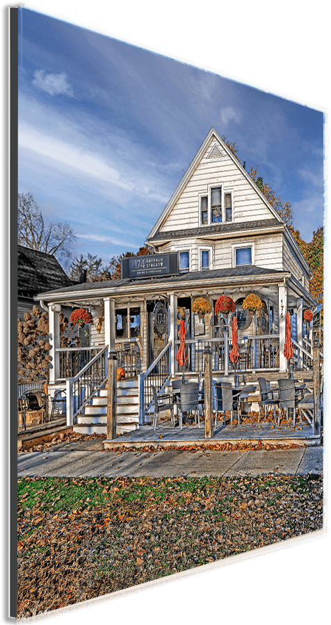 Mounted 174 Buffalo St Photography Print showing a historic Hamburg NY restaurant with vivid fall colors, ideal for Buffalo-WNY home or office decor.