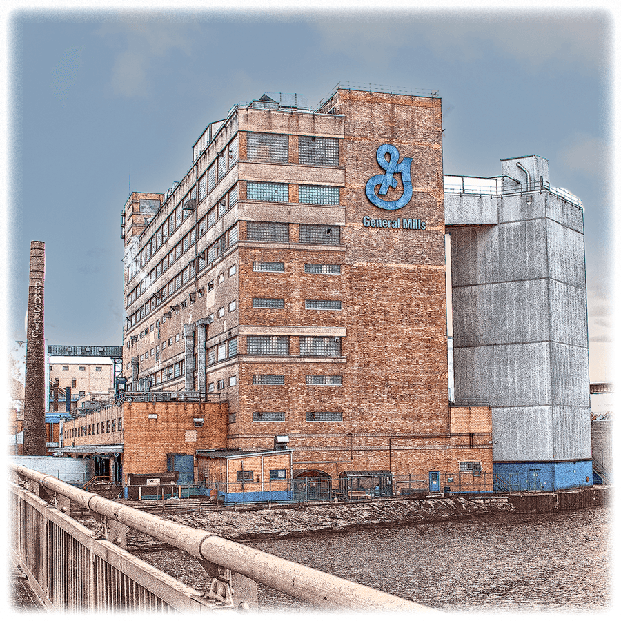 Close-up of General Mills building printed on ceramic coaster, showcasing Buffalo architecture in a high-resolution photographic design.