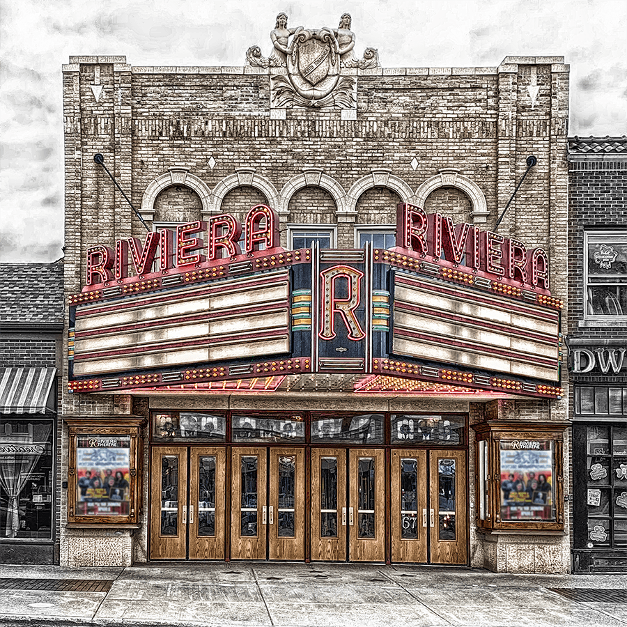 Close-up of Riviera Theatre marquee on ceramic coaster, showcasing Buffalo landmark in high-detail photography by Jman Photography.