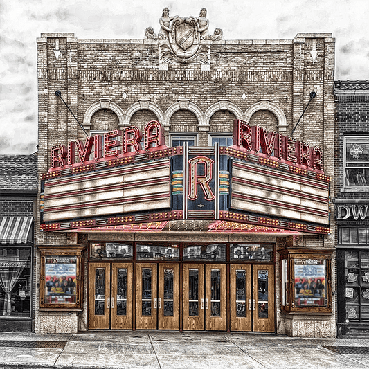 Close-up of Riviera Theatre marquee on ceramic coaster, showcasing Buffalo landmark in high-detail photography by Jman Photography.