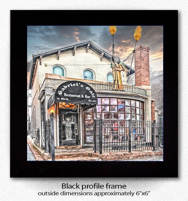 Framed photo print of Gabriel's Gate restaurant in Buffalo, NY, featured on ceramic coaster; black profile frame measures approximately 6x6 inches.