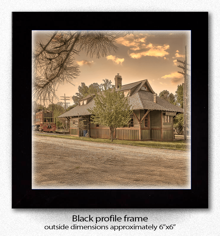 Framed Williamsville Train Depot Coaster print with black profile frame, showcasing historical Buffalo landmark photography for home decor.