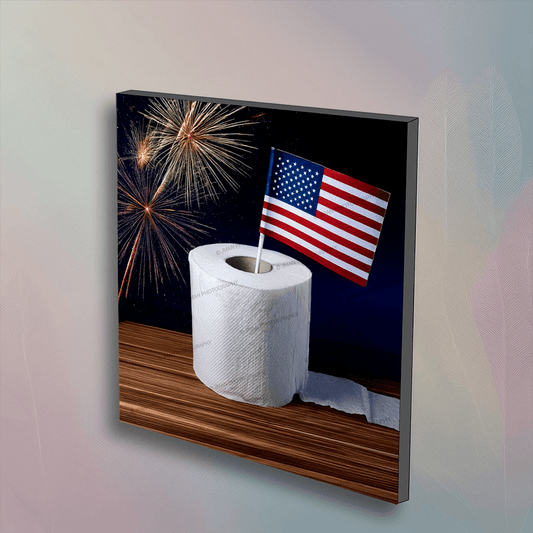 4th of July bathroom art featuring a roll of toilet paper with an American flag and fireworks, mounted on a floating 6x6 wall piece.