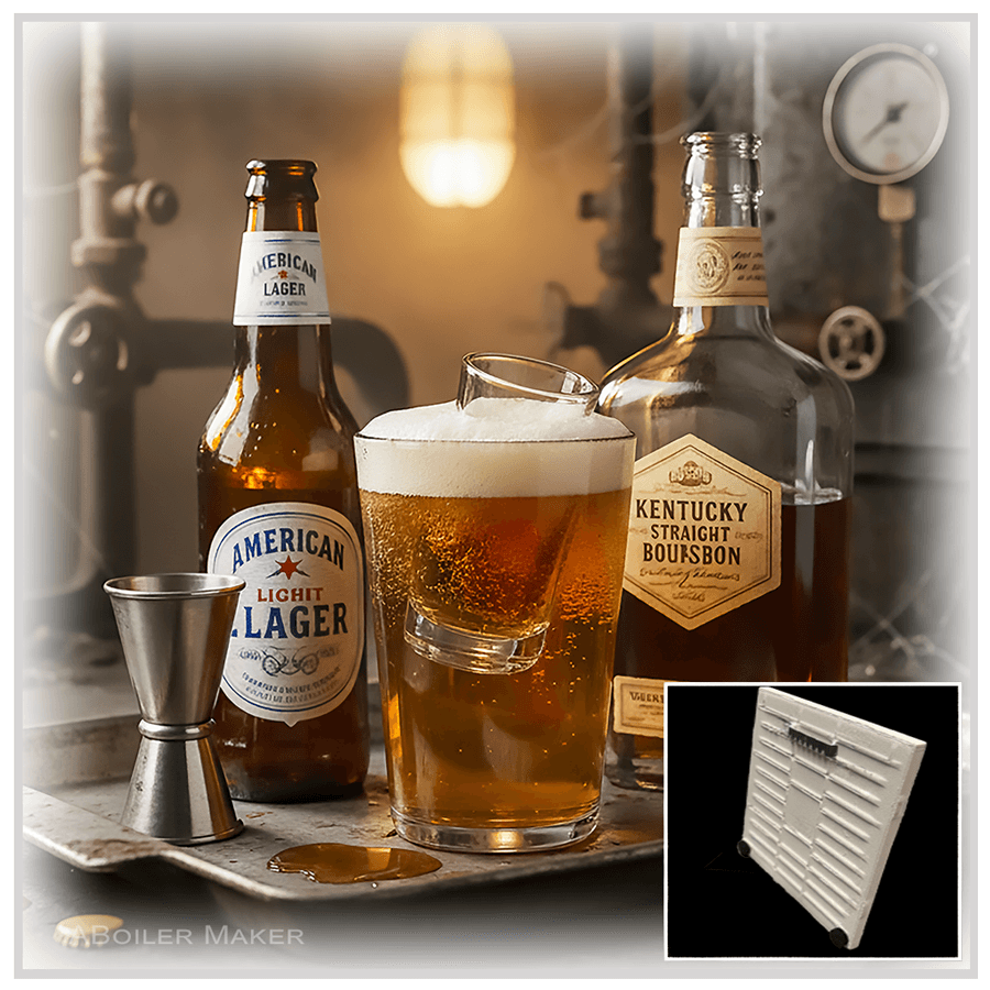 Boiler Maker Ceramic Wall Art - Trivet & Coaster featuring a beer and bourbon setup with industrial bar decor, ideal for kitchen or bar display.
