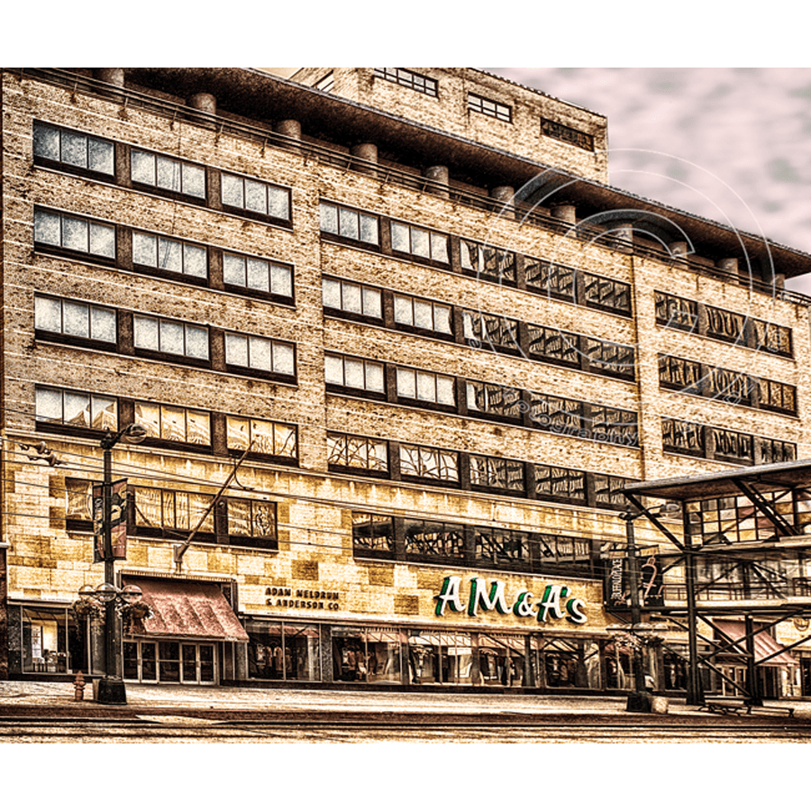 AM&A's Magnet - Acrylic Magnet featuring historic Buffalo NY department store facade with vintage signage, ideal for fridge or locker decor.
