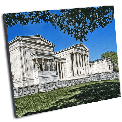 Angled view of Albright Knox Art Print - Back Side Photo mounted on canvas, showcasing Buffalo architecture. Perfect for historical wall art display.