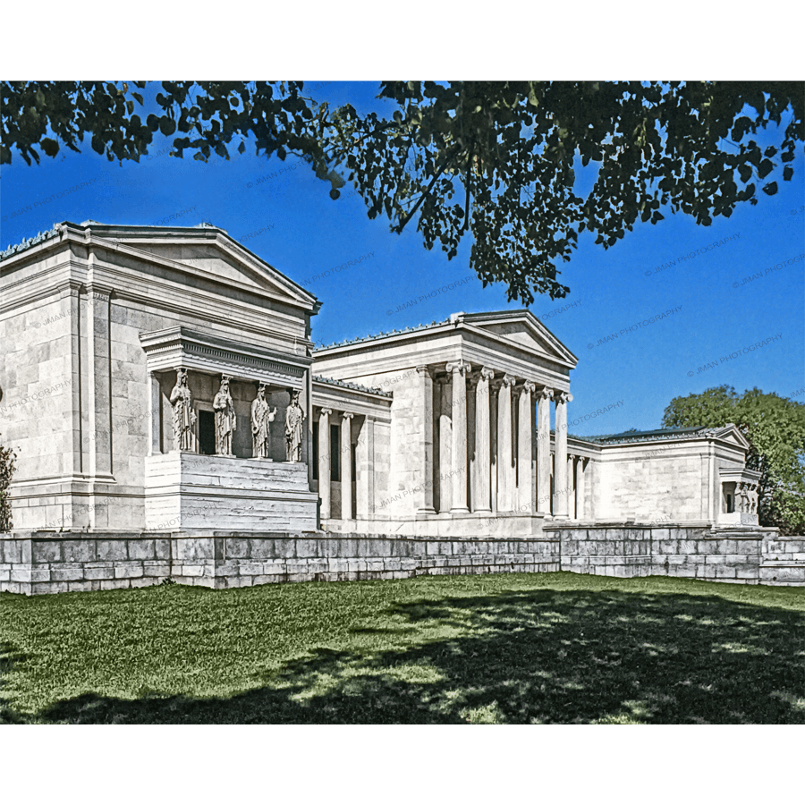 Albright Knox Art Print - Back Side Photo featuring neoclassical architecture with statues and columns under a clear blue sky. Ideal for Buffalo landmarks decor.