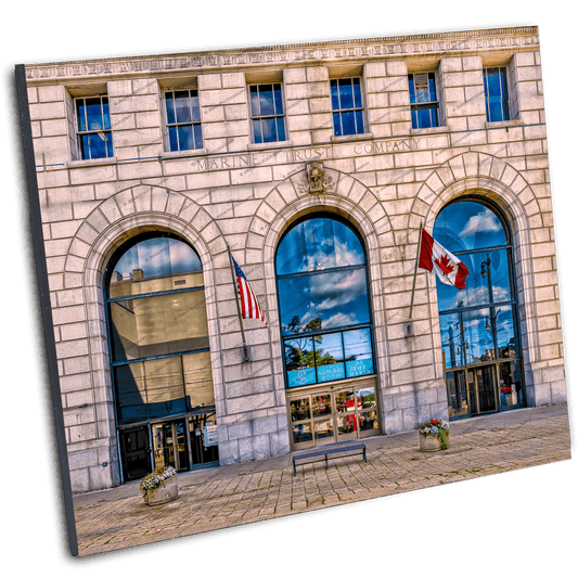 Admiral Room event space Buffalo in historic Marin Building with arched windows and flags. Buffalo landmark photo print for home or office decor.