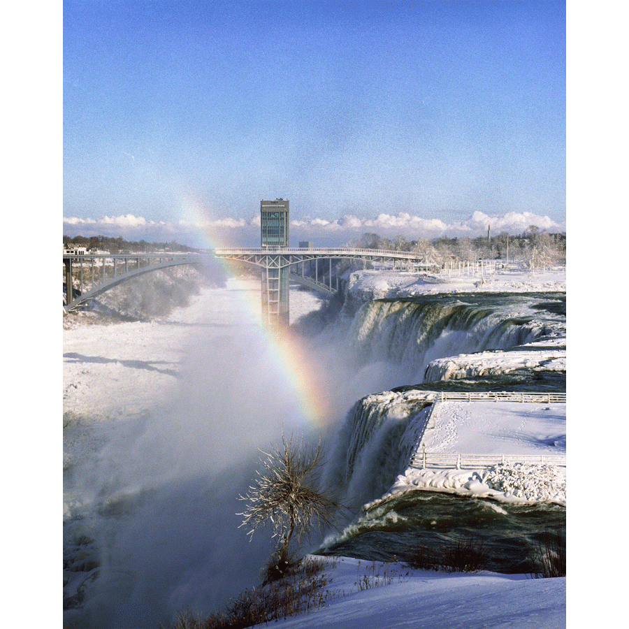 American Falls in Winter Magnet - Stunning Photo Magnet featuring a rainbow over icy waterfalls and observation tower, perfect for decorating metal surfaces.