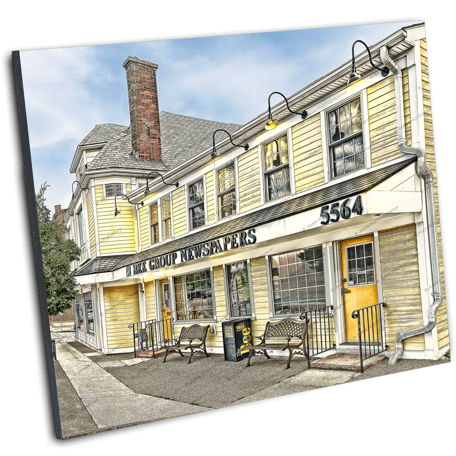 Amherst Bee Print - Bee Newspaper Building in vintage style with angled display. Ideal Buffalo-WNY photo artwork for collectors and local history lovers.