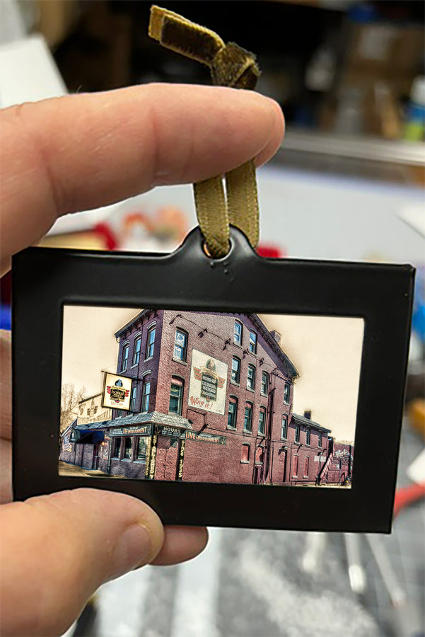 Mini Framed Artwork Ornament - Bill Dziejman's Art of a historic brick building with restaurant signage, great for Buffalo architecture lovers.