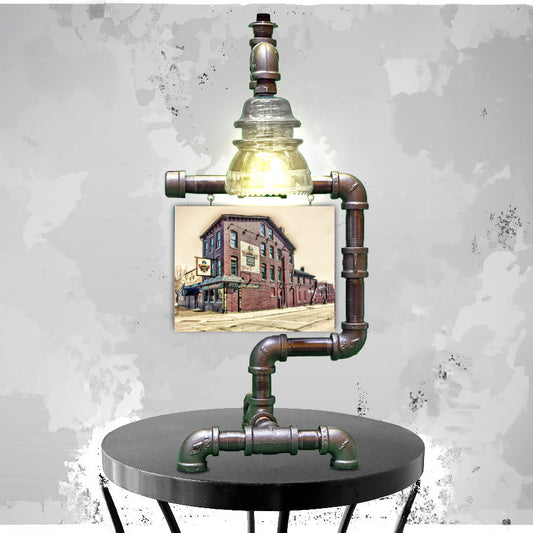 Anchor Bar Photo Lamp - Steampunk Table Lamp Buffalo with vintage glass insulator and industrial pipe design, ideal for rustic home decor.