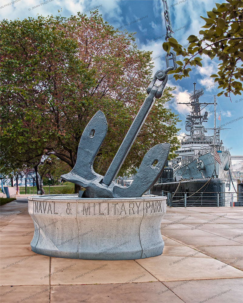 Naval & Military Park Prints - Buffalo Naval Park anchor sculpture with historic ship in background, original photography for home or office decor.