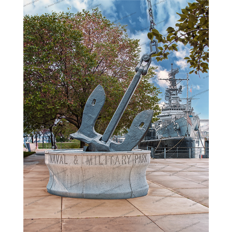 Naval Park Anchor Magnet - High-Quality Acrylic Magnet featuring a large anchor sculpture at Buffalo Naval & Military Park with a battleship in the background.