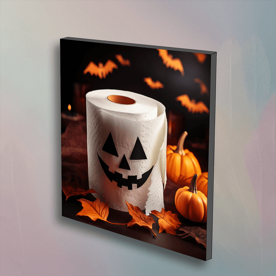 Halloween toilet paper art wall decor with spooky pumpkin face design, mounted on a 6x6 inch panel. Ideal for festive bathroom decoration.