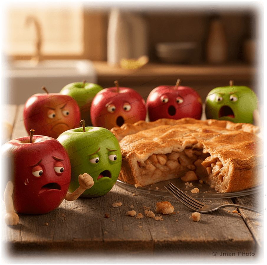 Apple Pie Wall Tile - Humorous Kitchen Art | 6" Decor featuring animated apples reacting to a sliced apple pie on rustic kitchen table.