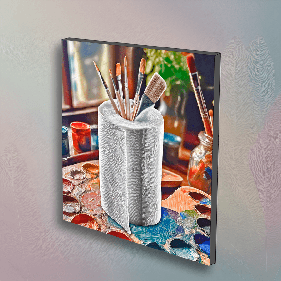 Artist Brushes Toilet Paper – Art Decor wall art featuring a roll of toilet paper holding paintbrushes on a colorful painter's palette. Unique bathroom wall art for creative spaces.