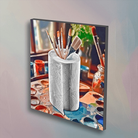 Artist Brushes Toilet Paper – Art Decor wall art featuring a roll of toilet paper holding paintbrushes on a colorful painter's palette. Unique bathroom wall art for creative spaces.
