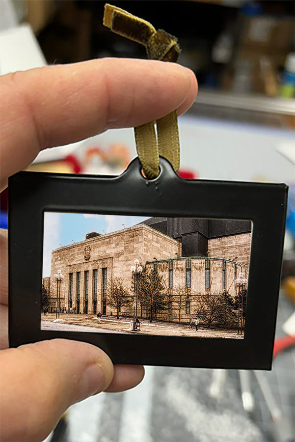 Mini Framed Artwork Ornament - Bill Dziejman's Art of a neoclassical civic building in Buffalo, great for historical holiday decorations.