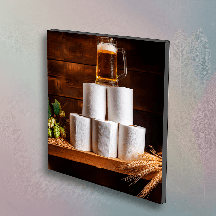 Men's Room Wall Art with floating effect, showcasing toilet paper and beer design, perfect for unique bathroom accessory sets.