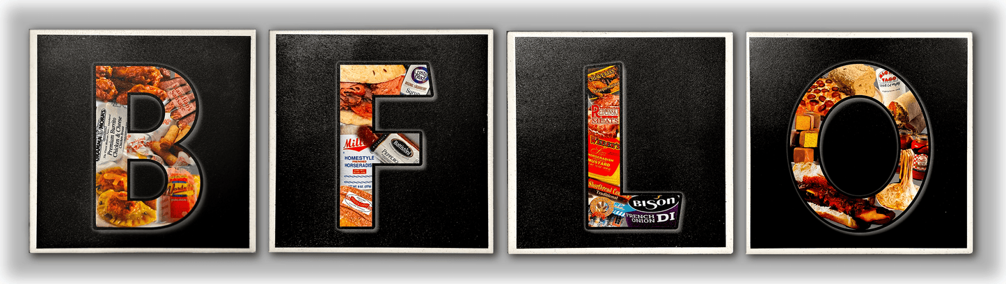 Bflo Flavor Coasters - Buffalo Food Set featuring 22 local delights shaped in letters B-F-L-O with iconic Buffalo foods on ceramic tiles.