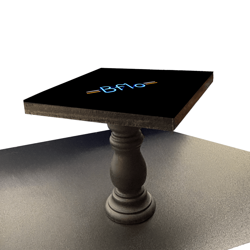 BFLO Neon Mini Table with black square top and neon logo, ideal for compact bar stool setups or modern table decor accents.