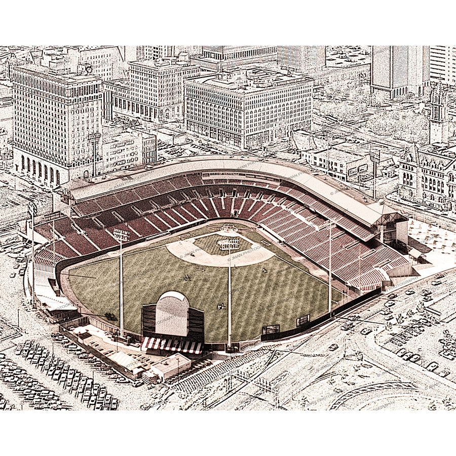 Pilot Field - Sahlen Field Bison Baseball photo print showcases Buffalo, NY's iconic downtown stadium in a vintage-style aerial artwork. Ideal for sports fans and nostalgic home decor.