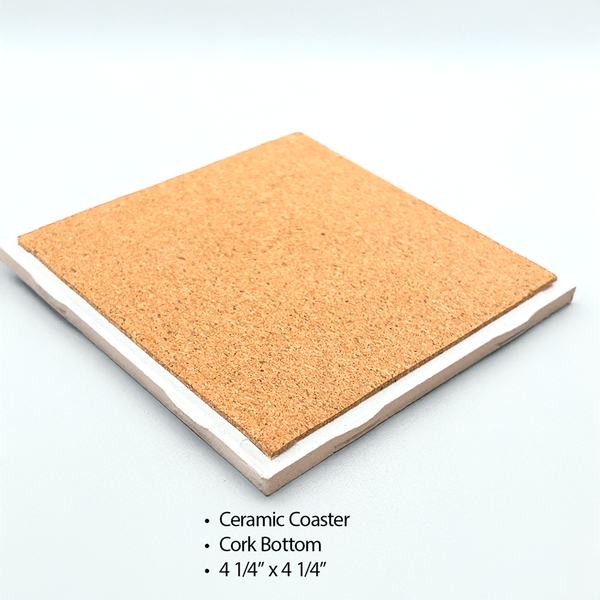 Back view of ceramic coaster with cork bottom, measuring 4 1/4” x 4 1/4”. Durable and protective for kitchen and dining use.