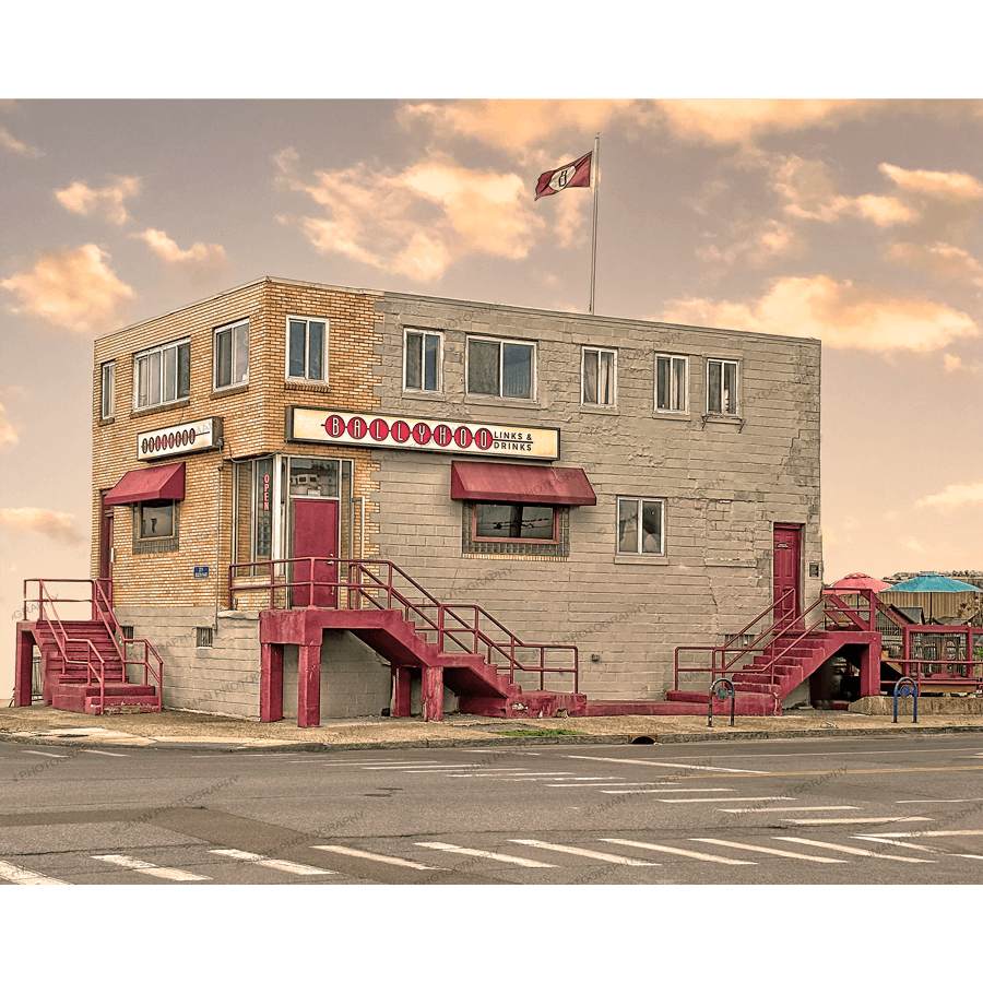 Ballyhoo Links & Drinks - Ballyhoo Restaurant Buffalo NY print featuring vintage architecture and signage in the Cobblestone District at sunset.