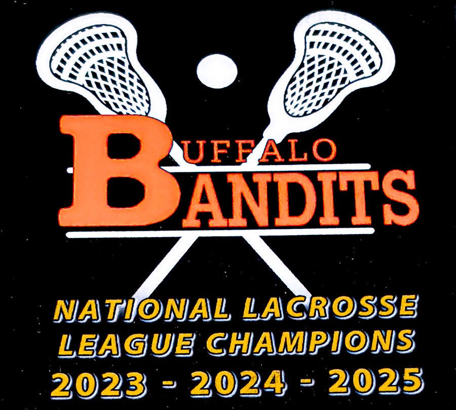 Buffalo Bandits Table Top - League Champions Desk features crossed lacrosse sticks and bold team branding for 2023-2025 NLL champions.
