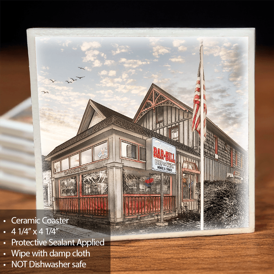Bar Bill Tavern Coaster - Ceramic Coaster with scratch-resistant sealant, featuring a detailed image of the historic Bar-Bill Tavern in NY.
