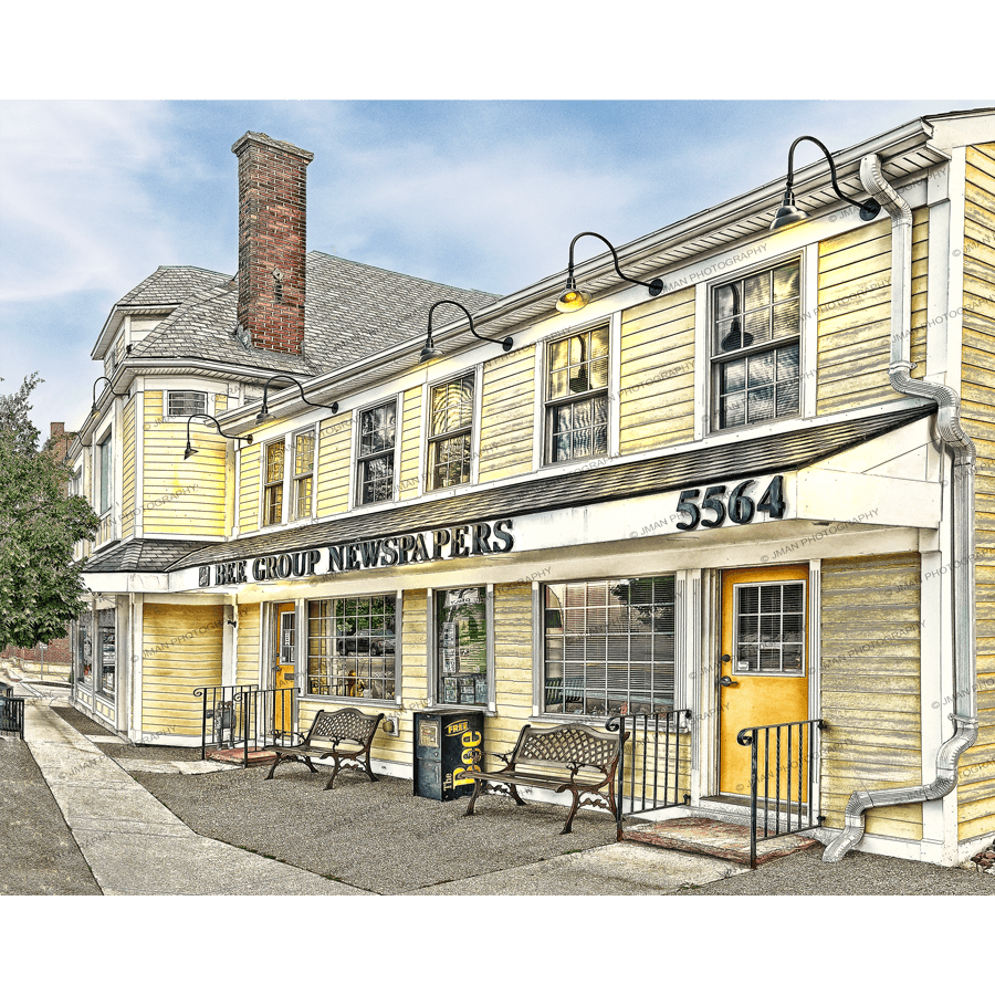 Bee Newspaper Building - Amherst Bee Print features a historic yellow building in Williamsville, NY. A nostalgic Buffalo landmark photo for home decor.