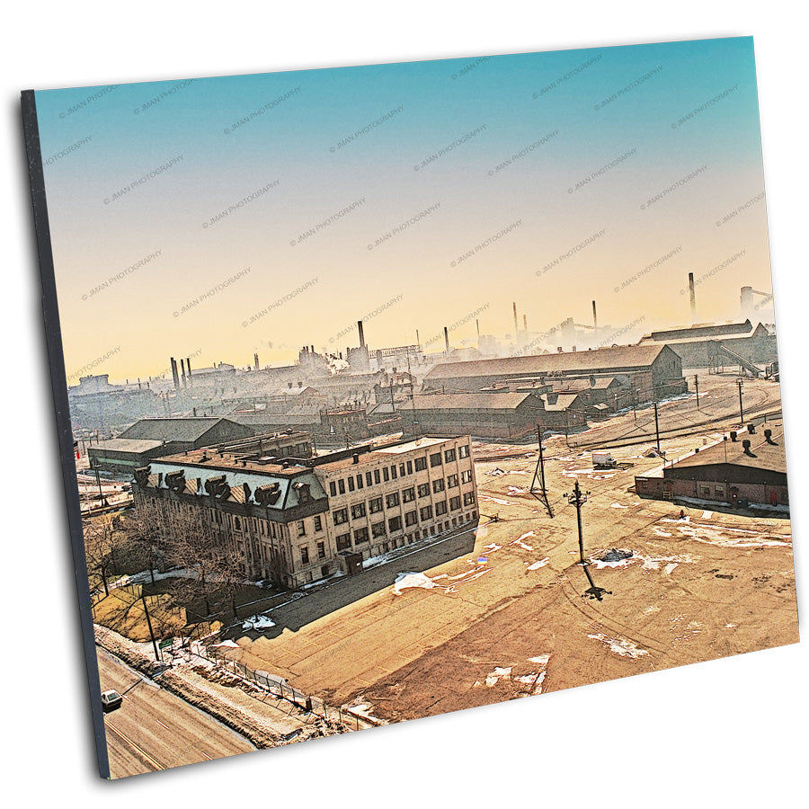 Angled view of Bethlehem Steel Photograph - Lackawanna NY | WWII Image printed on mounted board, highlighting vintage industrial scene for home decor.