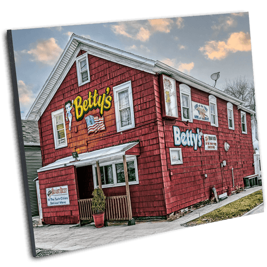 Framed Betty’s Roast Beef Buffalo landmark photo print, showcasing vibrant urban architecture for home or office decor.