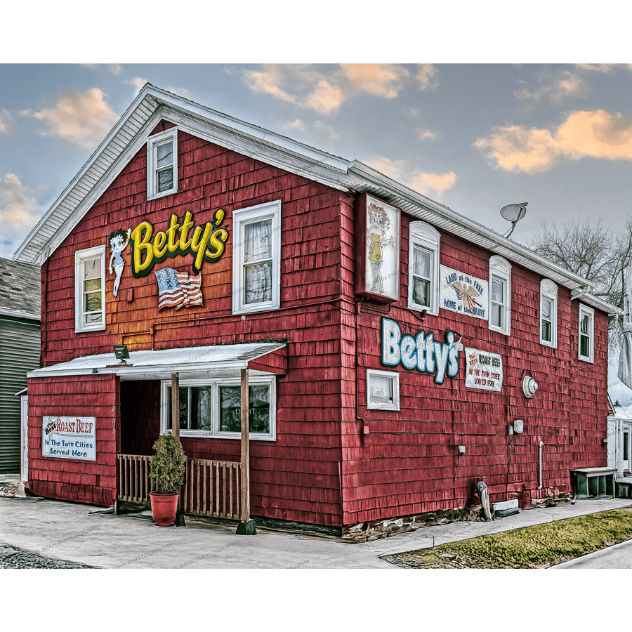 Betty’s Roast Beef Wall Art print featuring the iconic red building in North Tonawanda, part of Buffalo photography urban landmarks collection.