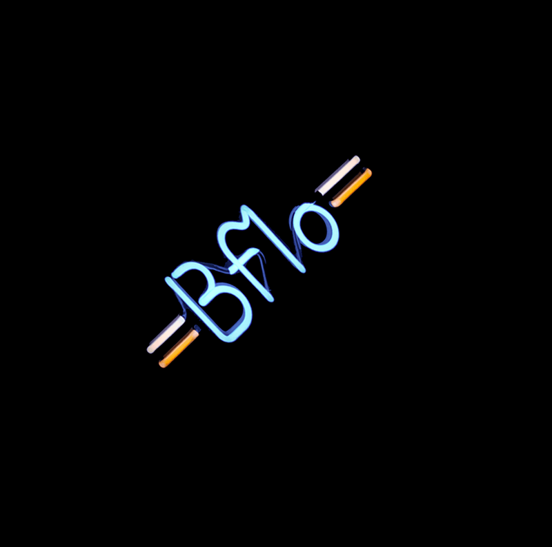 BFLO Neon Mini Table with glowing blue 'BFLO' text and orange accents. Compact table decor ideal for bar stools and modern interiors.