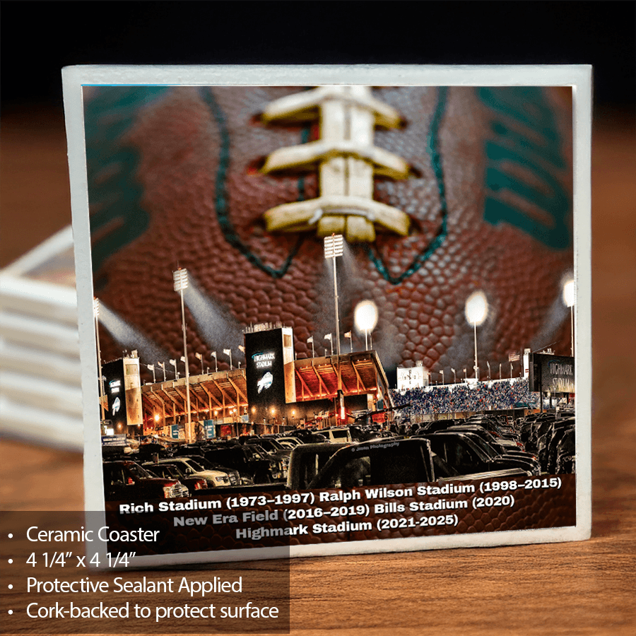 Ceramic coaster with football design and Buffalo Bills stadium text on ceramic surface