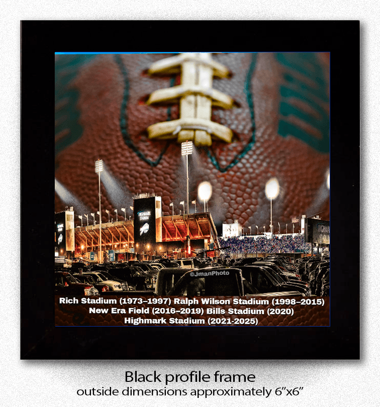 Framed ceramic coaster of a Bflo Bills stadium with text detailing stadium history, framed in black with a 6x6" outside dimensions.