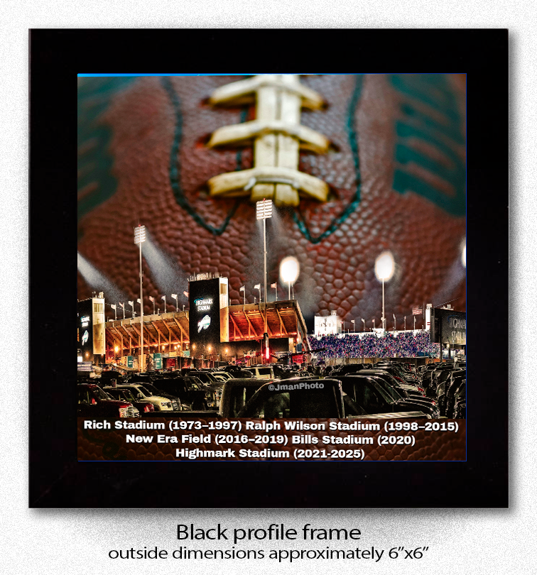 Highmark Stadium Nighttime Coaster in black profile frame, featuring a vivid nighttime view of the stadium with football texture overlay. Ideal for protecting surfaces in sports-themed barware collections.