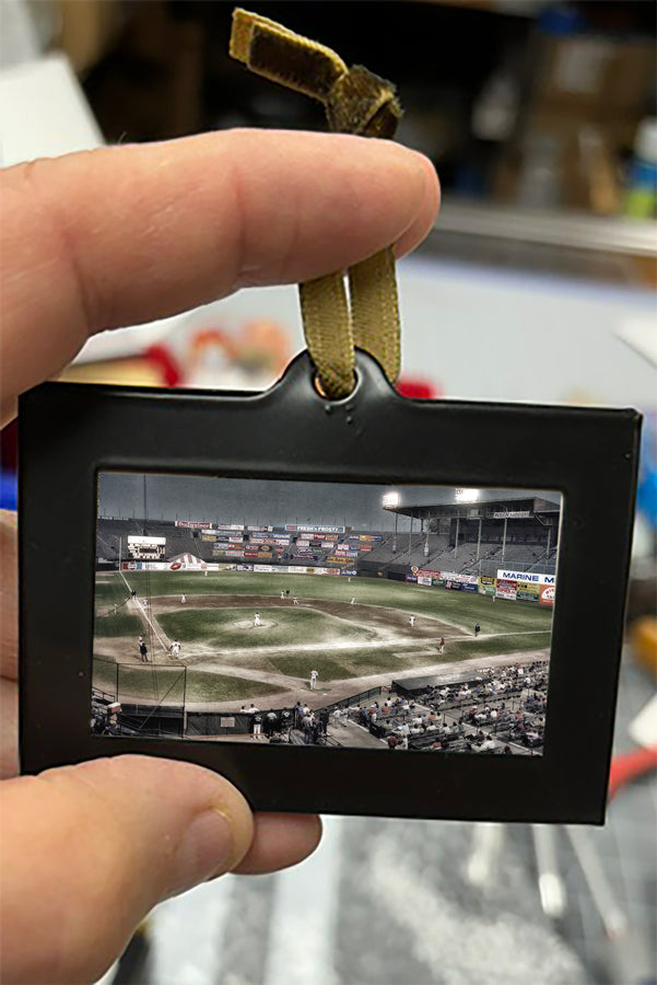 Mini Framed Artwork Ornament - Bill Dziejman's Art showing a vintage baseball stadium scene under lights, perfect for sports-themed holiday decor.