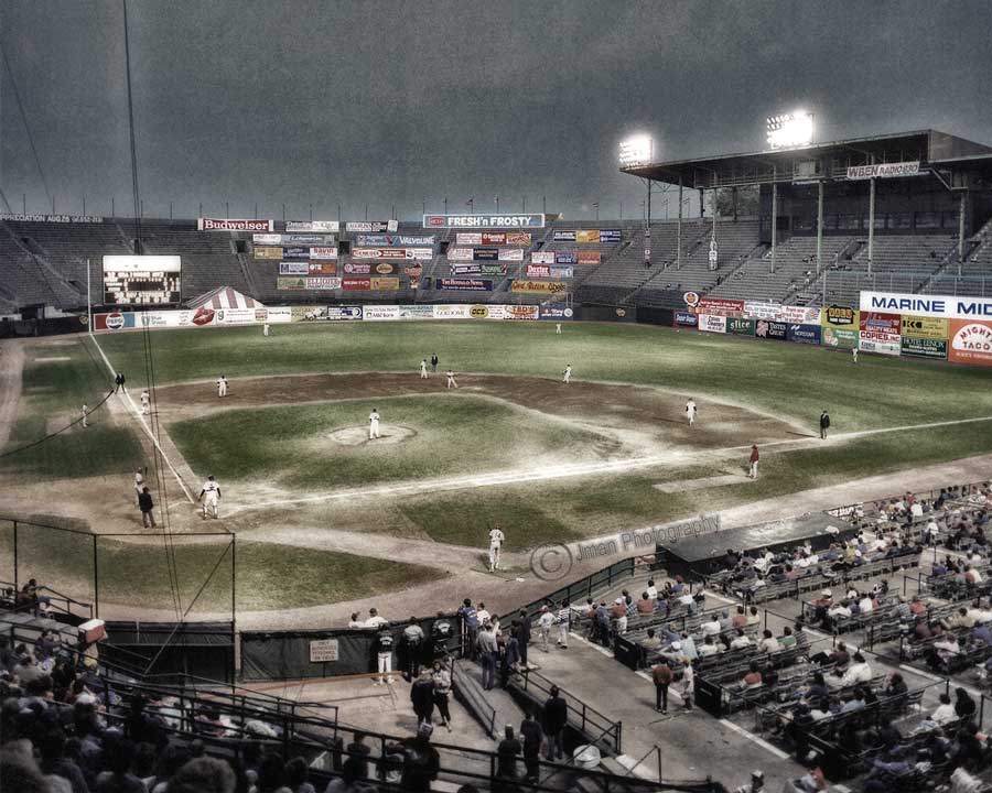 Vintage photo of Bisons Baseball at War Memorial Stadium, ideal for nostalgic sports fans and historical Buffalo NY decor.