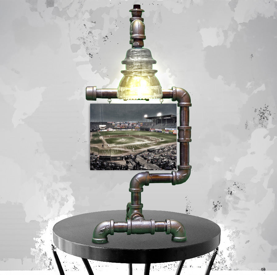 Bisons Baseball Lamp - Steampunk Style with clear insulator bulb and rustic pipe design, perfect for vintage sports-themed home decor.