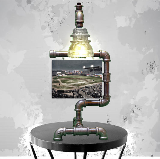 Bisons Baseball Lamp - Steampunk Style with clear insulator bulb and rustic pipe design, perfect for vintage sports-themed home decor.