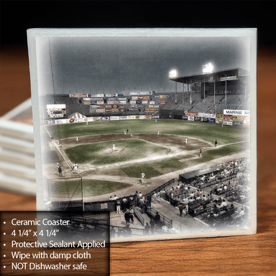 Bisons Baseball War Memorial ceramic coaster with vintage stadium photo, 4.25-inch square, cork back, ideal for Buffalo sports fans.