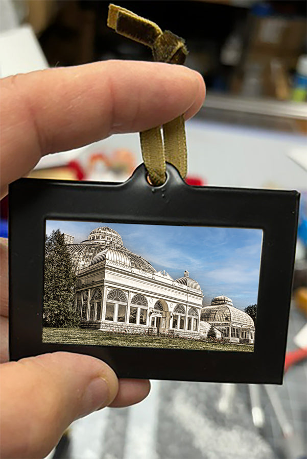 Mini Framed Artwork Ornament - Bill Dziejman's Art depicting the Buffalo Botanical Gardens, ideal for garden and landmark-themed holiday decor.
