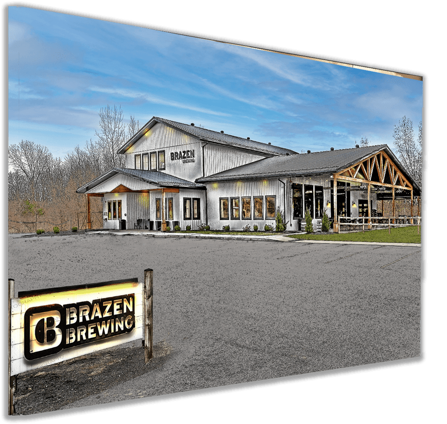 Angled view of Brazen Brewing Lancaster NY photo print by Jman Photo, showcasing brewery architecture perfect for Buffalo-WNY themed decor.