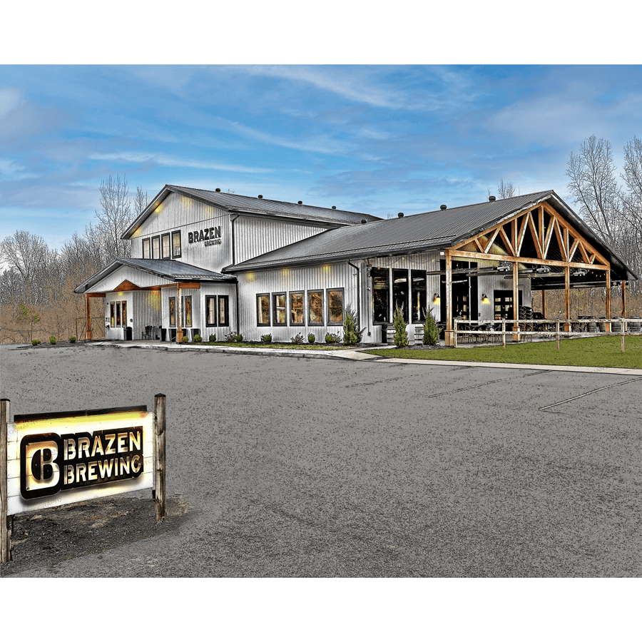Brazen Brewing Lancaster NY photo by Jman Photo featuring the brewery's modern rustic exterior under a blue sky, ideal for craft beer wall art.
