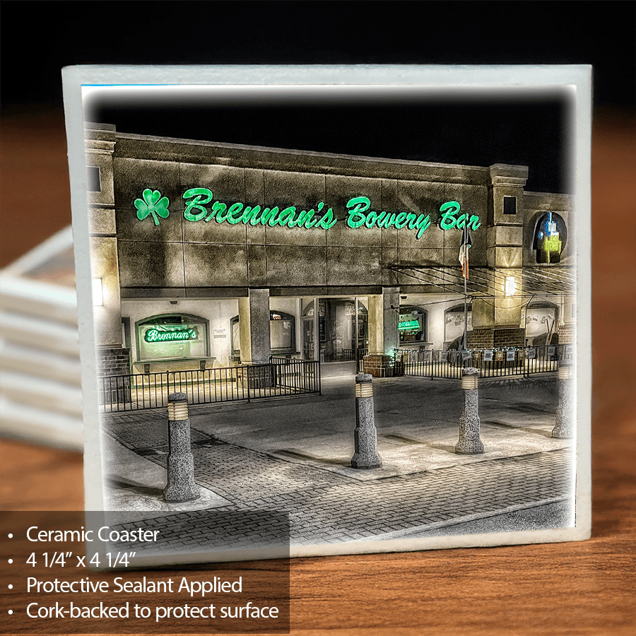 Brennan's Bowery Bar Coaster - Ceramic Coaster | 4 1/4" with Cork featuring a night photo of the bar with neon signage, sealed and cork-backed.